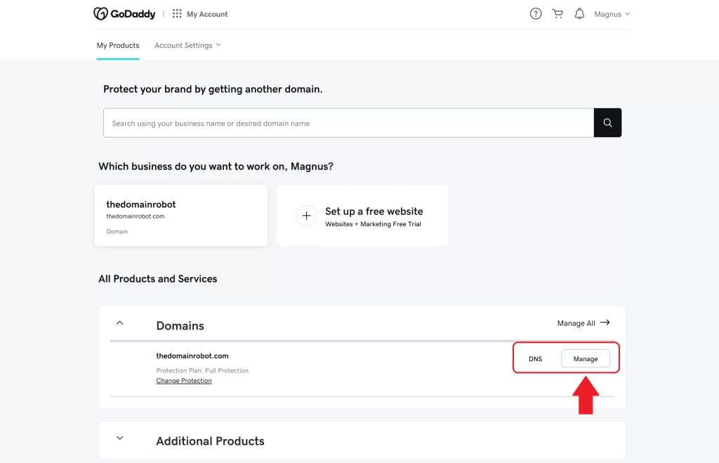 Step 2 - Find your domain, and press manage