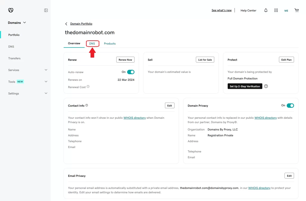 Step 4 - Find and press, the DNS tab