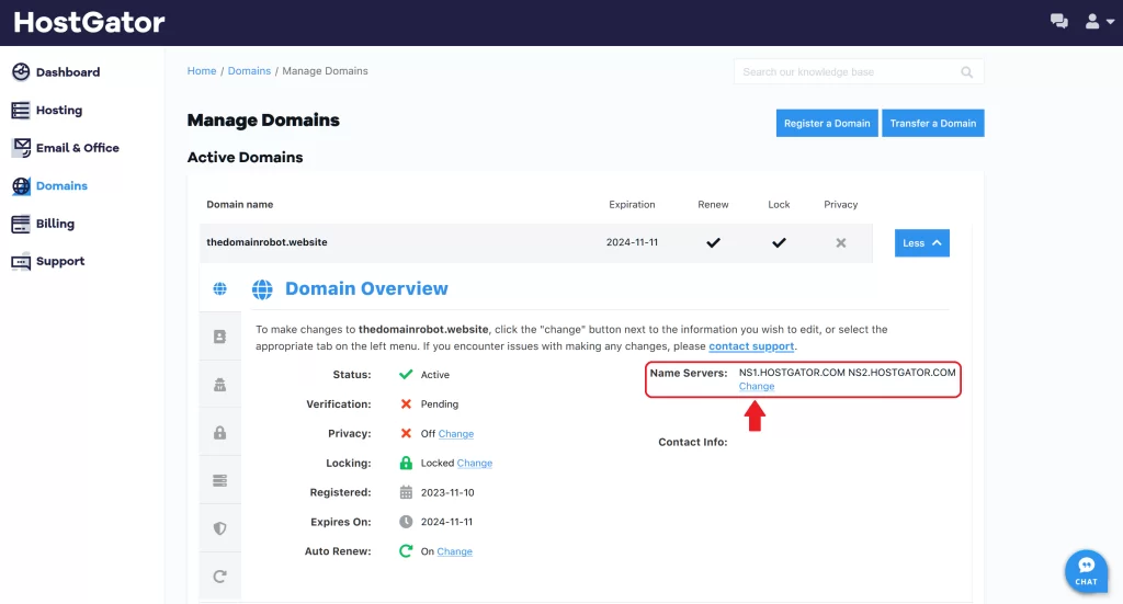 Step 5 - Locate Nameserver and click change