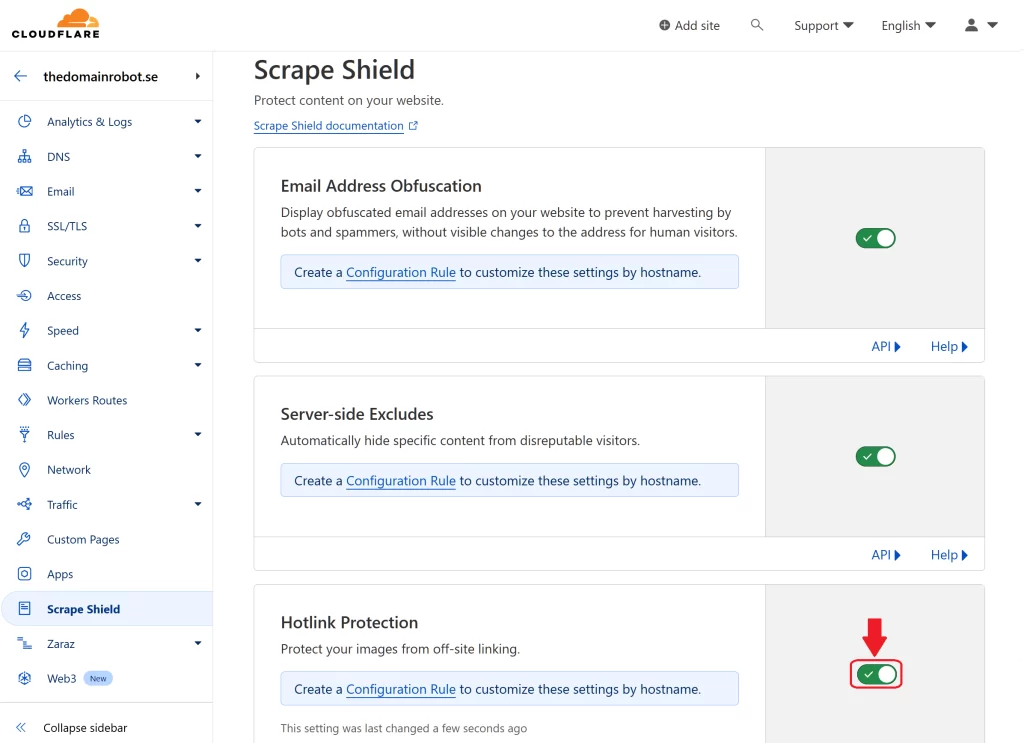 Step 6 - Cloudflare Hotlink Protection is now enabled