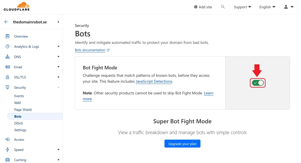 Step 6 - Cloudflare bot fight mode is now enabled