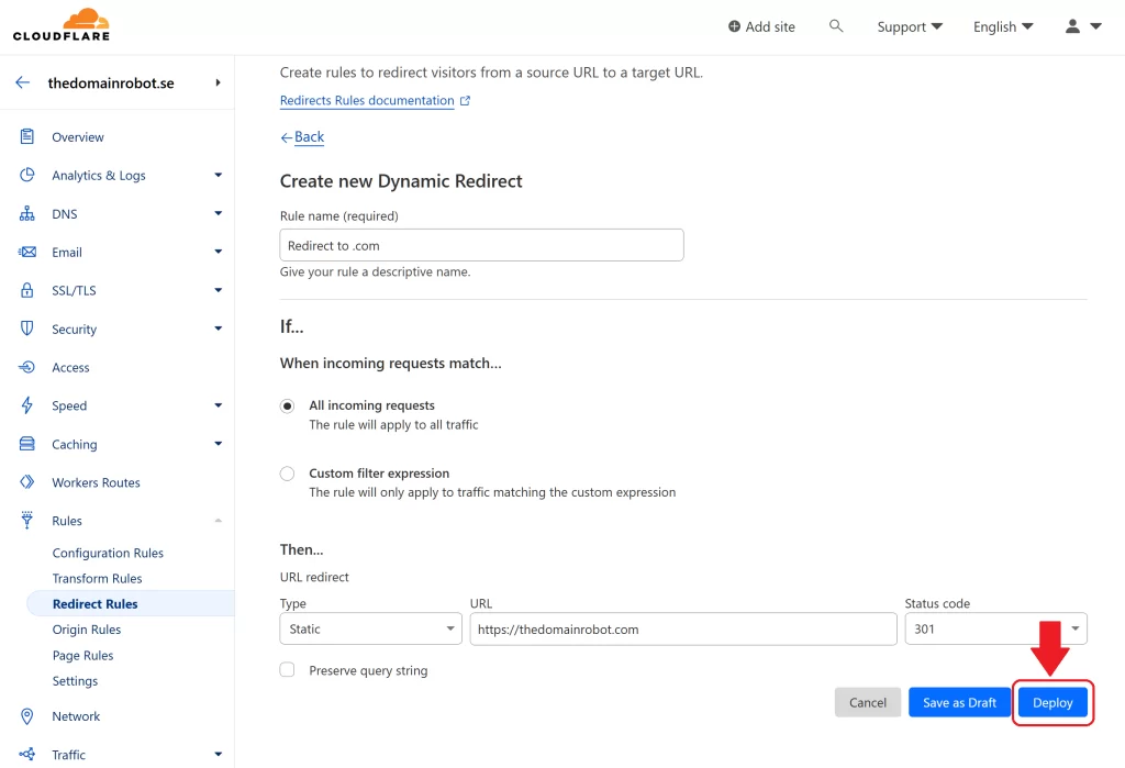 Step 7 - Deploy your new Redirect Rule