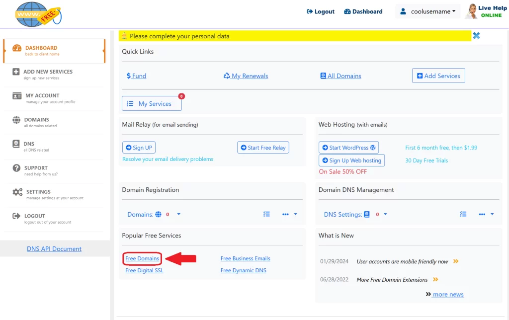 Step 5 - Press Free domain on the dashboard