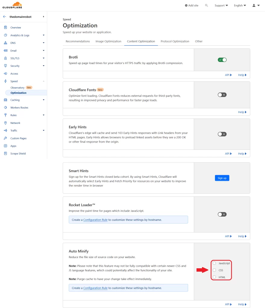 Step 6 - Enable Cloudflare minification