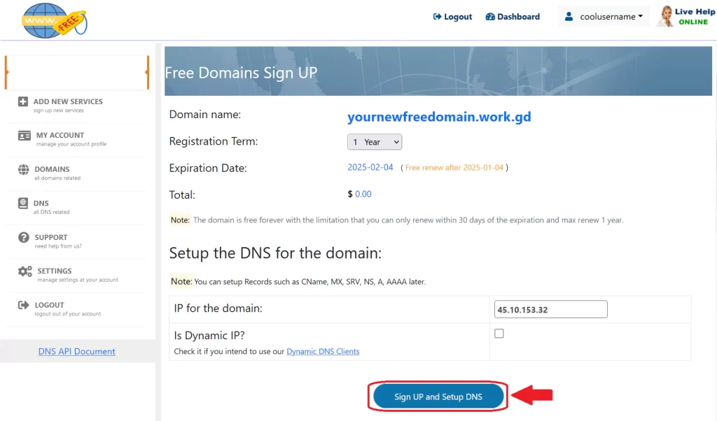 Step 8 - Click "Sign up and Setup DNS"
