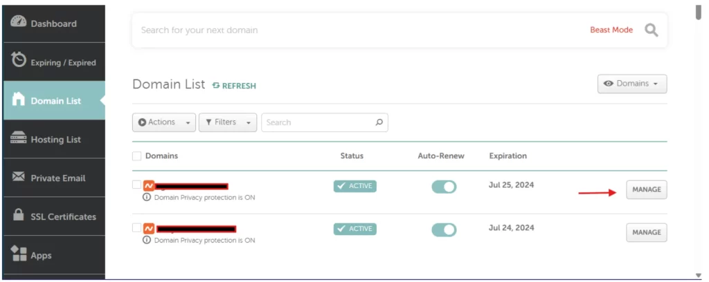 Step 4 - Locate the domain and click Manage