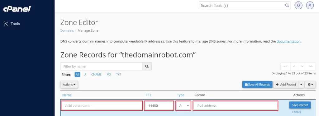 Step 9 - Fill in the DNS record information